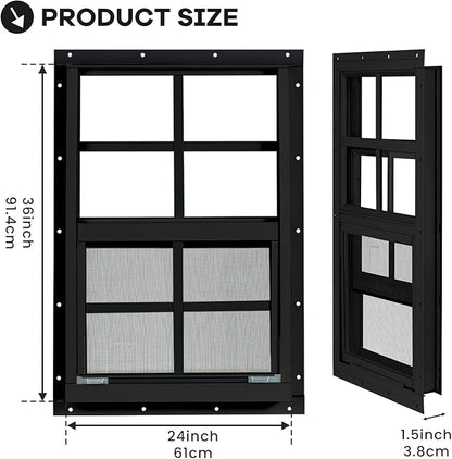 Shed Windows 2 Pack, Chicken Coop Windows 24" x 36" with Tempered Glass and Fiberglass Screen, Flush Mounted Small Window for Shed, Barns, Playhouse, Household, Garage (Black)
