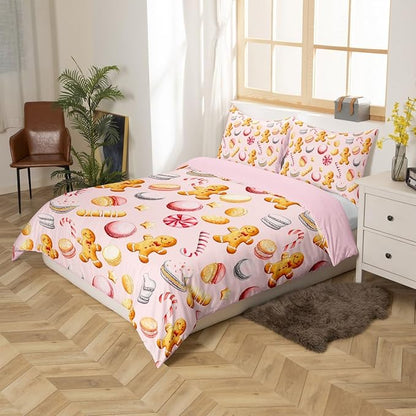 Feelyou Christmas Duvet Cover King Size Cute Christmas Gingerbread Man Comforter Cover for Boys Girls Xmas Sweet Macarons Bedding Set 3Pcs Reversible Pink Room Decor