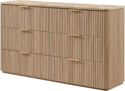 Fluted 6 Drawer Dresser for Bedroom, 54.5" Wide Modern Chest of Drawers with Faux Marble Top, Curved Corners Design, Wooden Dresser TV Stand with Organizer Storage for Living Room, Natural Oak