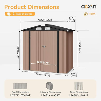 Aoxun 6x3.9 FT Shed Metal Outdoor Storage Shed Garden Shed with Lockable Doors Tool Shed Bike Shed for Backyard, Patio, Poolside (Brown)