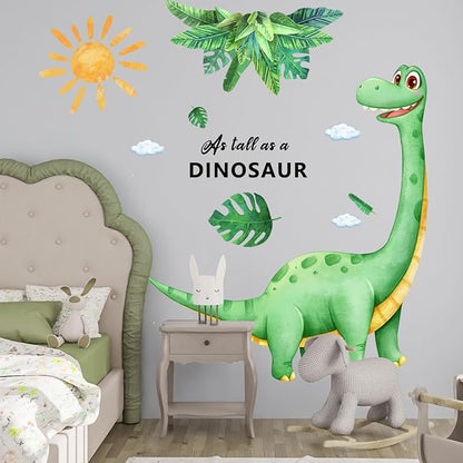Large Dinosaur Wall Decals Removable Self-Adhesive Dino Mural with Palm Leaves Sun, Watercolor Kids Wall Stickers for Nursery Bedroom Playroom Boys Room Decor in Green and Yellow