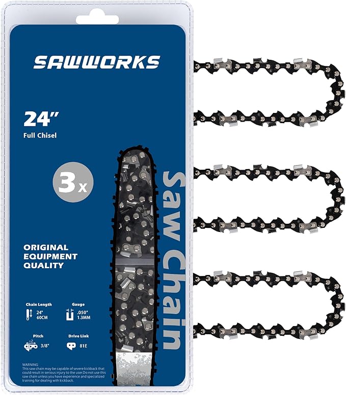 3-Pack 24 Inch Chainsaw Chain 3/8" Pitch .050" Gauge 81 Drive Links Fits Echo, Poulan and More