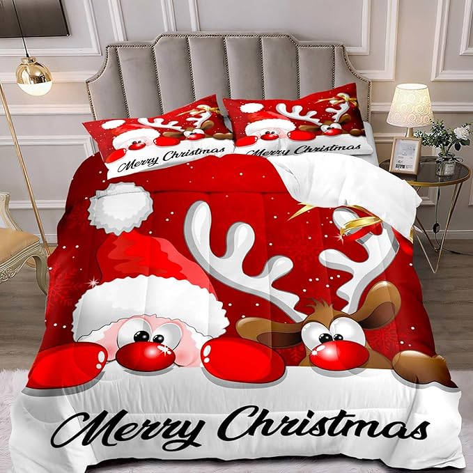 LUVIVIHOME 3PCS Merry Christmas Comforter Set King Size, Funny Santa Claus Bedding, Reindeer Cute Christmas Bedroom Decor for Kids Boys Girls Teens, Xmas Gifts, 2 Pillow Cases