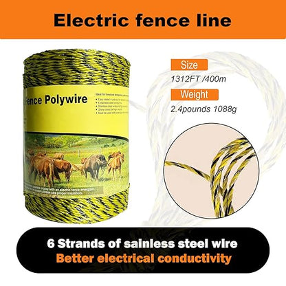 Upgraded Electric Fence Polywire 1312feet 400 Meters,1/8 Diameter Portable Electric Fencing Polywires, 6 Stainless Steel Strands ，Easy to Install,Portable Electronic Fence,Yellow and Black