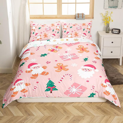 Feelyou Merry Christmas Bedding Set Cookies Candy Duvet Cover Set for Kids Boys Girls PinkChristmas Comforter Cover Quilt Cover Bedroom Collection 3Pcs Queen Size,No Comforter