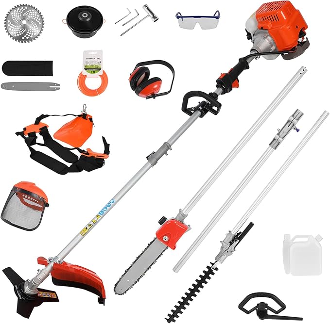 52cc Gas Weed Eater,Gas String Trimmer,5 in 1 Cordless Hedge Trimmer[2 Stroke],Multi Garden Tools Brush Cutter, Weed Wacker, Pole Saw with Extension Pole, String Trimmer for Yard Lawn (red)