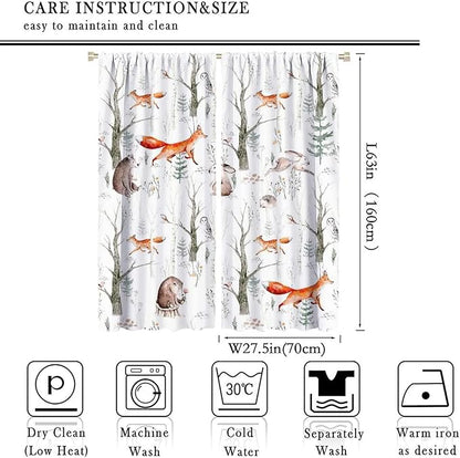 Rustic Forest Window Curtains, Watercolor Woodland Animals Owl Hedgehog Fox Butterfly Forest Squirrel and Bear Blackout Windows Door Curtain for Bedroom Living Room Home Decor 55x63in