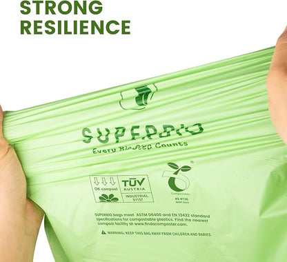 SUPERBIO 8 Gallon Compostable Drawstring Kitchen Waste Bags,30.3 Liter, 30 Count, 1 Mil,Heavy Duty Food Waste Bags, BPI, Seedling and OK compost INDUSTRIAL