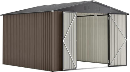 10x10 FT Outdoor Storage Shed, Large Metal Garden Shed with Lockable Hinged Doors, Outside Tool Shed with Sloped Roof & 4 Air Vents, Waterproof Storage Building for Backyard, Patio, Lawn, Brown