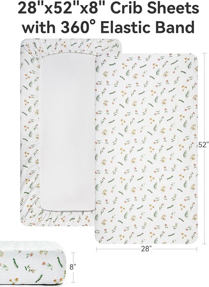 TILLYOU 2 Pack Muslin Crib Sheets for Boys and Girls, 100% Cotton Fitted Crib Sheet for Toddler 52"x28" Standard Crib Mattress, Daisy
