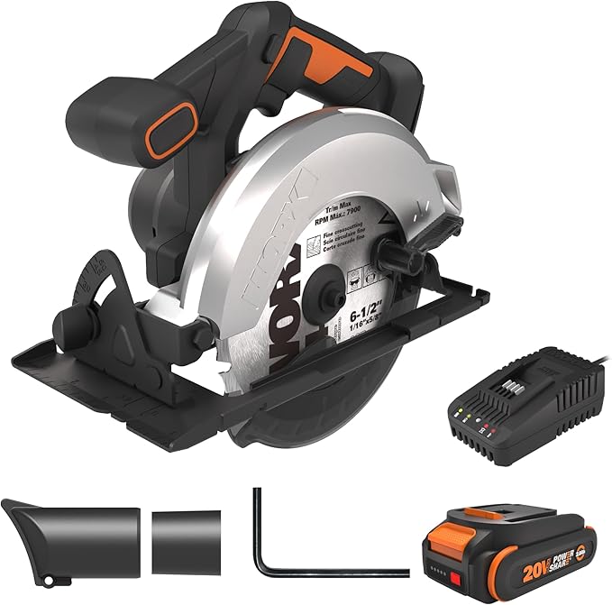 Worx 20V Cordless Electric Circular Saw 6-1/2'' Max. 2-3/16" Cutting Depth 4700 Rpm 0-50° Bevel Capacity 2.0 Ah Battery and Charger Included WX526L