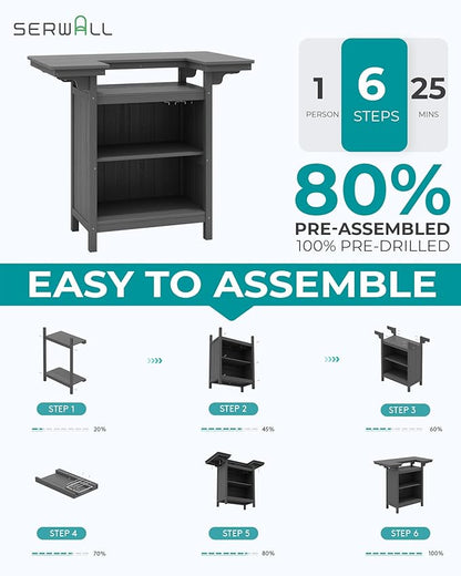 SERWALL Outdoor Bar Table,Patio Bar Cabinet with 4-Tier Storage and Spacious Tabletop for Outside,Poolside, Backyard,Made of HDPE,Gray