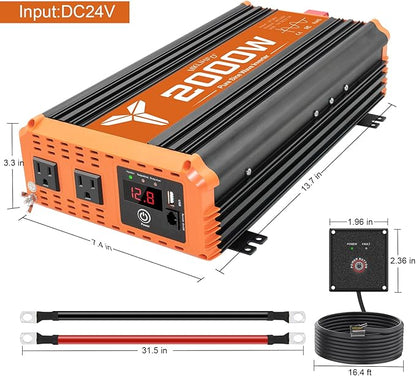 2000 watt Pure sine Wave car Inverter 24V DC to 120V AC, 4000W Surge Peak Power, Inverter for RV, Truck, Solar, Campers with 2 AC Outlet,Remote Control Compatible with Lithium Battery