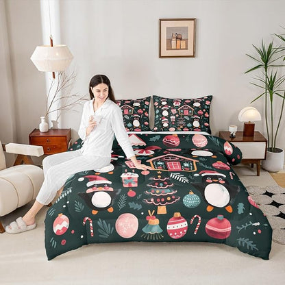 Feelyou Christmas Kids Comforter Set King Size Xmas Tree Ball Bedding Set Penguin Duvet Quilt for Kids Boys Girls Bedroom Gingerbread Houses Decor Microfiber Ultra Soft Breathable