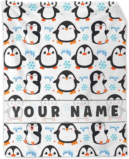 Personalized Penguin Blanket Gifts for Girls Women - 50" x 60" Inches Penguin Throw Blanket - White Soft Warm Throws for Couch, Bed & Travel