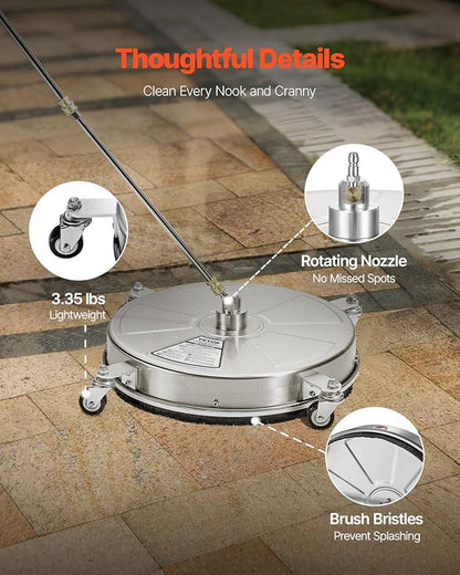 VEVOR 18" Pressure Washer Surface Cleaner, Stainless Steel Pressure Washer Attachments with 4 Wheels, 4000 Max PSI, 1/4 Quick Connector, 2 Spray Nozzles, 2 Extended Wands for Concrete, Patio, Deck