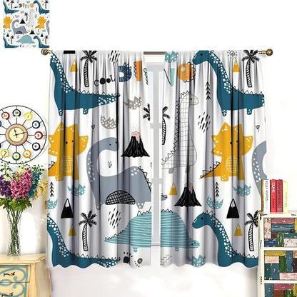Dinosaur Curtains, Cartoon Dino Cute Safari Animal Print Pattern Blackout Window Treatments, Rod Pocket Thermal Insulated Drapes 2 Panel Sets for Kids Boys Bedroom Nursery Classroom, 63" W X 63" L