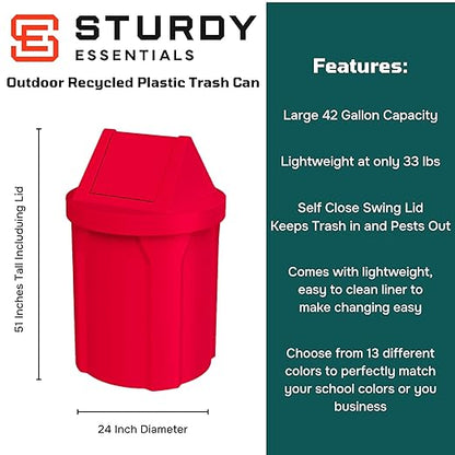 42 Gallon Round 100% Recycled Plastic Indoor or Outdoor Commercial Trash Can with Easy Access Swing Top Lid | Great for Schools and Businesses - Red