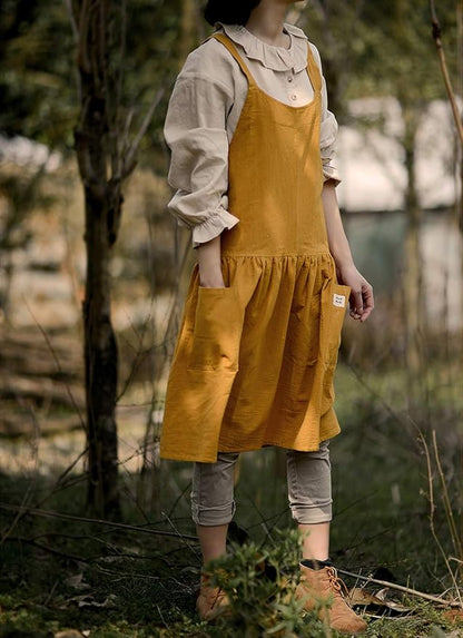 NEWGEM Cotton Linen Cross Back Apron for Women with Pockets for Painting Gardening Yellow with Waist Ties
