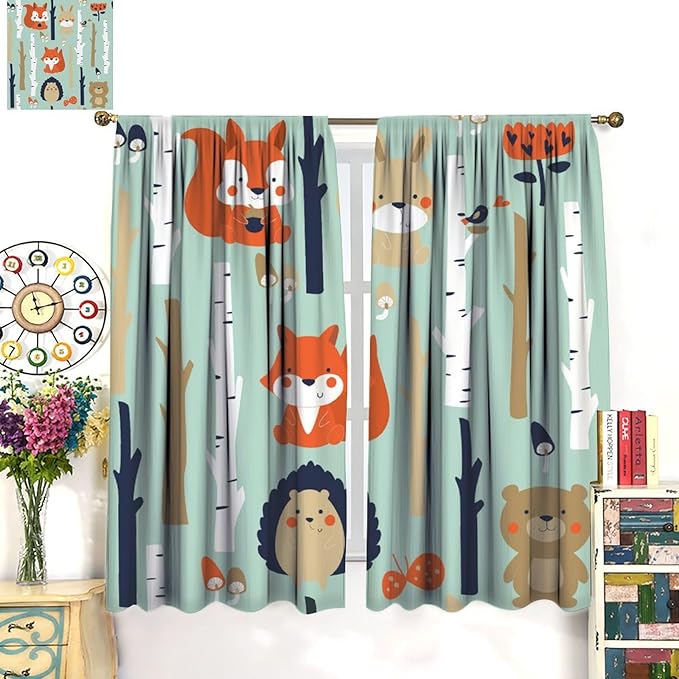 Cute Animals Curtains, Cartoon Fox Hedgehog Hare Forest Trees Window Treatments, Rod Pocket Thermal Insulated Drapes 2 Panel Sets for Kids Bedroom Nursery Classroom, 42" W X 45" L【Decor】