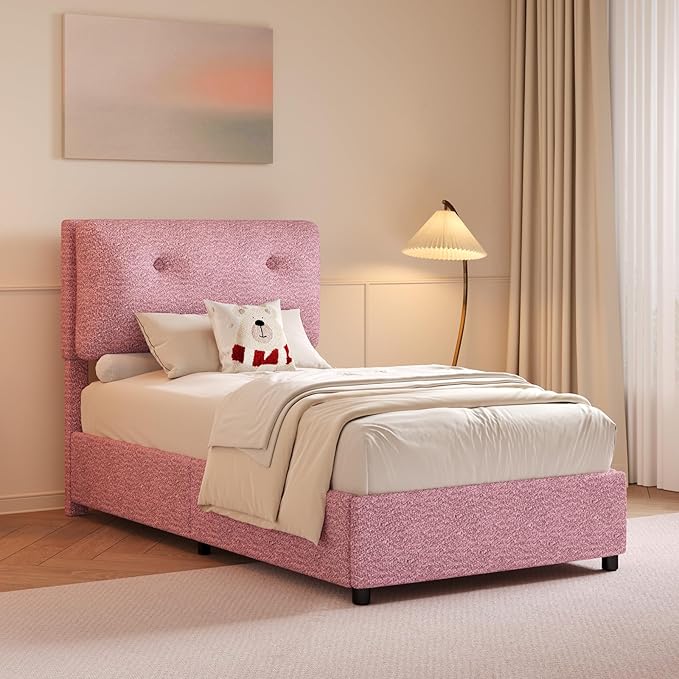 Twin Bed Frames,Breathable Boucle Fabric Upholstered Bed Frame Twin with Headboard,Removable and Washable,Wood Slat Support,No Box Spring Needed,Easy Assembly,Cama Individual,Pink