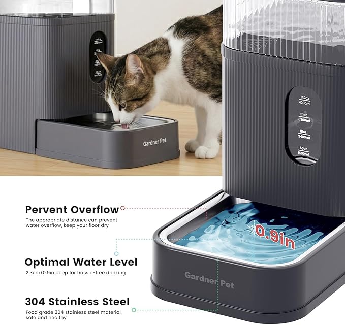 Gardner Pet 2.2 Gallon Automatic Dog Water Bowl Dispenser 8.5L Gravity Water Feeder with Stainless Steel Bowl & Maifan Stone Filter, BPA-Free for for Cats and Dogs (Grey, 2.2 Gallon)