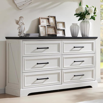 ACCOHOHO Farmhouse 6 Drawer Dresser for Bedroom, 52 Inch Wide Modern Dresser TV Stand with Large Drawers & Bar Handles, Rustic Wood Chest of Drawers for Bedroom, Living Room, Hallway, Off White