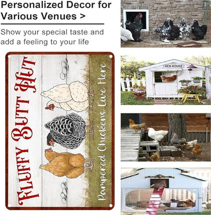 Fluffy Butt Hut Metal Tin Sign Funny Chicken Coop Sign For Home Decor Kitchen Decoration Wall Art Farm Farmhouse Vintage Decor Chicken Coop Accessories 12X16 Inch