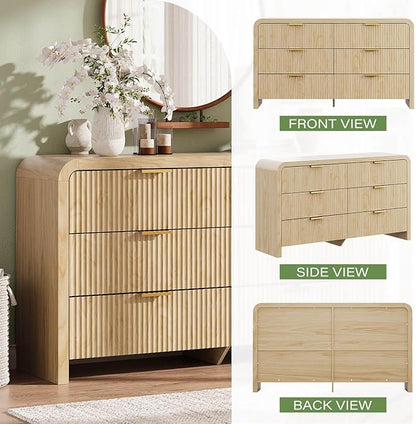 Angel Sar 55" Modern Fluted 6 Drawer Dresser for Bedroom, Wooden Bedroom Dresser with Arched Tabletop, Wave Pattern Design & Gold Handles, Closet Chest of Drawers for Clothes Storage, Natural Wood