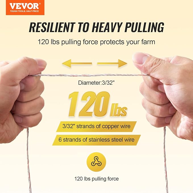 VEVOR Electric Fence Wire, 2625Ft 800M Portable Polywire, 3/32" Diameter 9 Mixed Metal Strands for Reliable Conductivity and UV, Rust Resistance, Fencing Rope Line for Horse, Cattle, Livestock