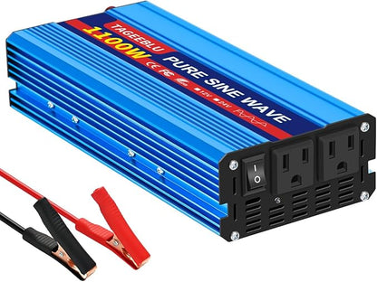1100 Watt Pure Sine Wave Inverter, Solar Power Inverter, 12V DC to 110V AC Converter for RV, Home, Truck, Coffee Maker, Washer, TV, Fridge, Solar Power Pack with 2 AC Outlets and LCD Display