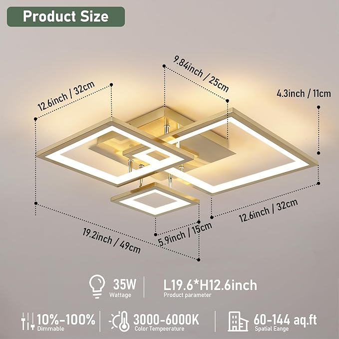 Modern Gold Led Ceiling Light 3-Square Design 3000K-6500K Dimmable LED Ceiling