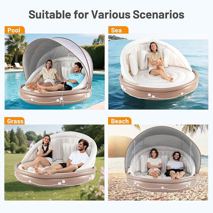 Moccha Inflatable Island with Canopy - 440 lbs Party Floats with SPF50+ Retractable Detachable Sunshade & 3 Pillows, 2-3 Person Tanning Lounger, 73” Pool Daybed, Floating Island for Lake