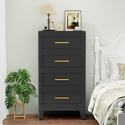 4 Drawers Tall Black Dresser for Bedroom, 44.45" Metal Dressers & Chests of Drawers Curved Corner Design, Storage Organizer Drawer Chest with Large Capacity for Living Room, Entryway, Hallway
