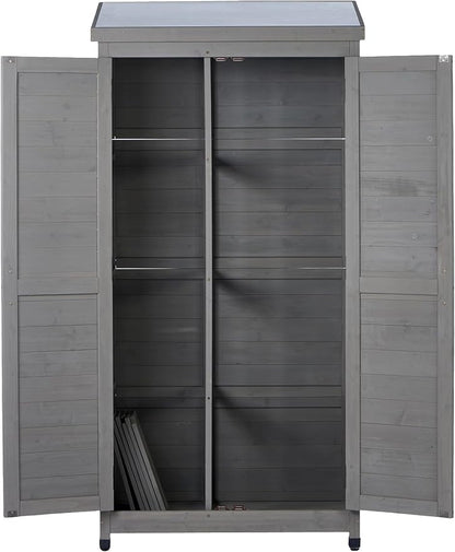 Stylish Grey & Solid Wood Outdoor Storage Shed – Durable Metal Top Vertical Tool Cabinet Ideal for Backyard, Garden, and Patio Organization