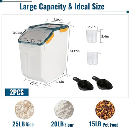 2 Pack Rice Container 25 lbs Large Bulk Flour Sugar Storage Holdhouse Plastic Grain Cereal Dry Goods Bin with Spoon and Measuring Cup for Kitchen Pantry Organization - Blue