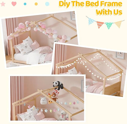 Twin House Bed, Montessori Floor Bed with Headboard & Footboard, Solid Wood Bed Frame for Toddlers Teens Bedroom, No Box Spring Needed, Natural