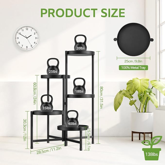iDavosic.ly 5 Tier Large Plant Stand Indoor with 10 Inch Wide Tray, Tiered Corner Metal Outdoor Flower Display Holder Shelf, Folding Tall Rack for Patio Porch Living Room, Modern Black