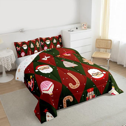Feelyou Merry Christmas Bedding Set Soft for Boys Girls, Santa Claus Comforter Set King Size Xmas Tree Nutcracker soldier Duvet Quilt Microfiber Gingerbread Man Bedroom Decor 3 Pcs with 2 Pillow Cases