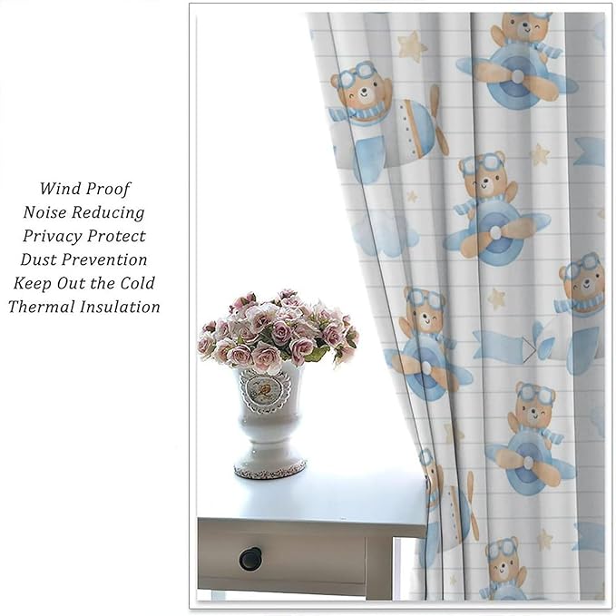Cartoon Bear Curtains, Lovely Bear Adventure Airplane Blue White Stripe Blackout Window Treatments, Rod Pocket Thermal Insulated Drapes 2 Panel Sets for Kids Bedroom Nursery Classroom, 42"W X 63"L