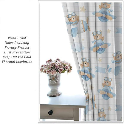 Cartoon Bear Curtains, Lovely Bear Adventure Airplane Blue White Stripe Blackout Window Treatments, Rod Pocket Thermal Insulated Drapes 2 Panel Sets for Kids Bedroom Nursery Classroom, 42"W X 63"L