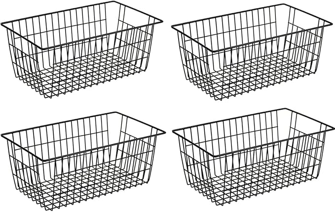 SANNO Freezer Wire Baskets, Refrigerator Freezer Baskets Wire Metal Storage Basket, Farmhouse Storage Organizer Bin for Pantry, Shelf, Kitchen, Cabinet, Bathroom Black 15.7" L x 7.9" Wx 5.9" H