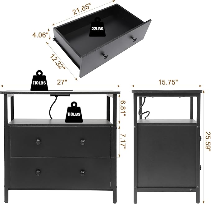 27 inch Wide Nightstand with Charging Station, Bedside Table with Open Shelf, 2 Drawers Small Wood Dresser, End Side Table for Bedroom (Black)