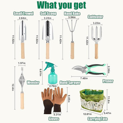 Garden Tool Set, 9 Pcs Heavy Duty Stainless Steel Gardening Hand Tool, Green Garden Tool Bag Kit, Gardening Supplies Gifts for Women Men Mom Dad Gardener Beginner