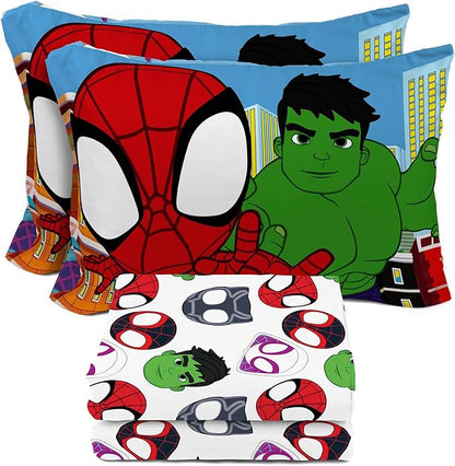 Sunny Side Up Spidey & His Amazing Friends Full Sheet Set - 4 Piece Kids Bedding Set Includes Pillow Cover - Super Soft Superhero Microfiber Sheets Features Miles Morales & Ghost Spider