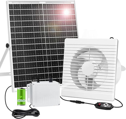 Solar Powered Fan with 24000mAh Battery Run Day/Night, 25W 9.8" Solar Fan for Chicken Coop Waterproof Solar Greenhouse Fan for Shed, Chicken Coop, Greenhouse