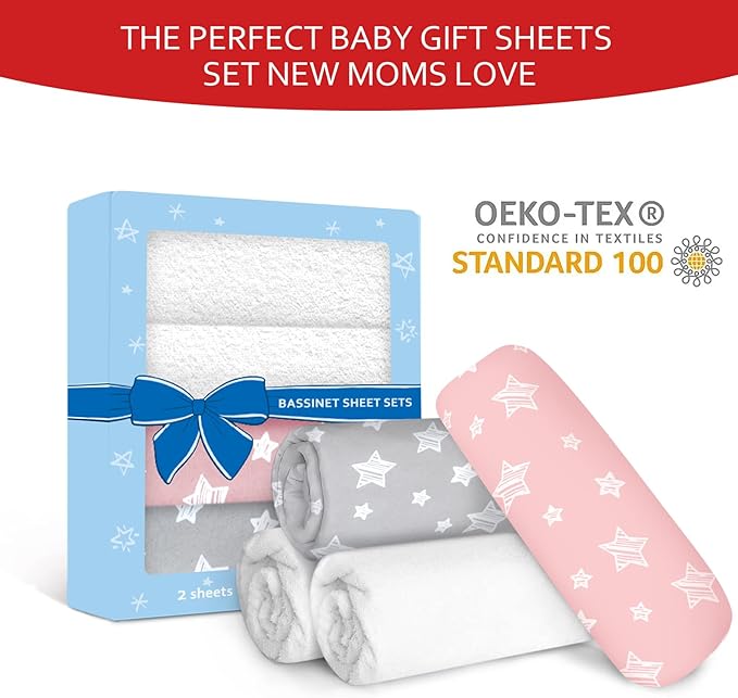 Bassinet Sheets & Waterproof Bassinet Mattress Pad Protector 4 Pack Set, Universal Fit for Oval, Hourglass and Rectangular Mattress, Grey & Pink
