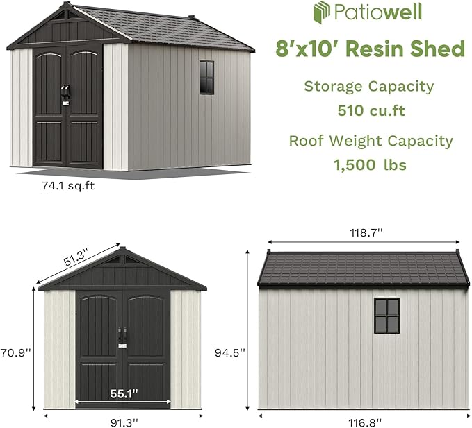 Patiowell 8 x 10 FT Resin Outdoor Storage Shed with Floor, Plastic Shed with Window and Lockable Door for Garden, Backyard, Tool Storage Use, Easy to Install in Beige (Kick-it Shed)