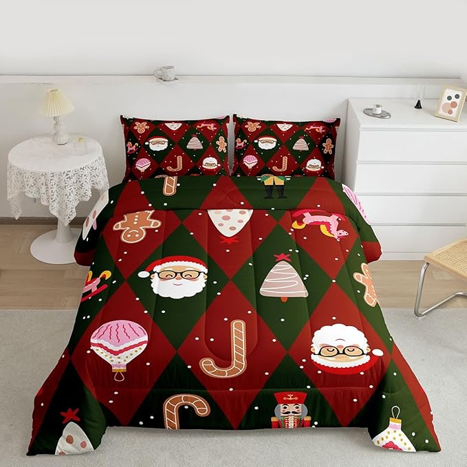 Feelyou Merry Christmas Bedding Set Soft for Boys Girls, Santa Claus Comforter Set King Size Xmas Tree Nutcracker soldier Duvet Quilt Microfiber Gingerbread Man Bedroom Decor 3 Pcs with 2 Pillow Cases
