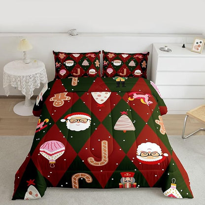 Feelyou Merry Christmas Bedding Set Soft for Boys Girls, Santa Claus Comforter Set King Size Xmas Tree Nutcracker soldier Duvet Quilt Microfiber Gingerbread Man Bedroom Decor 3 Pcs with 2 Pillow Cases